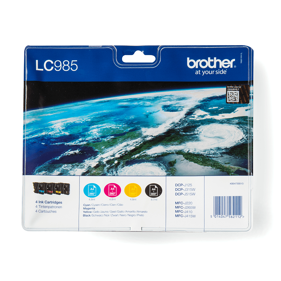 Brother LC-985VALBPRF Ink cartridge multi pack Bk,C,M,Y Blister Radio Frequency 300pg + 3x260pg Pack=4 for Brother DCP-J 125