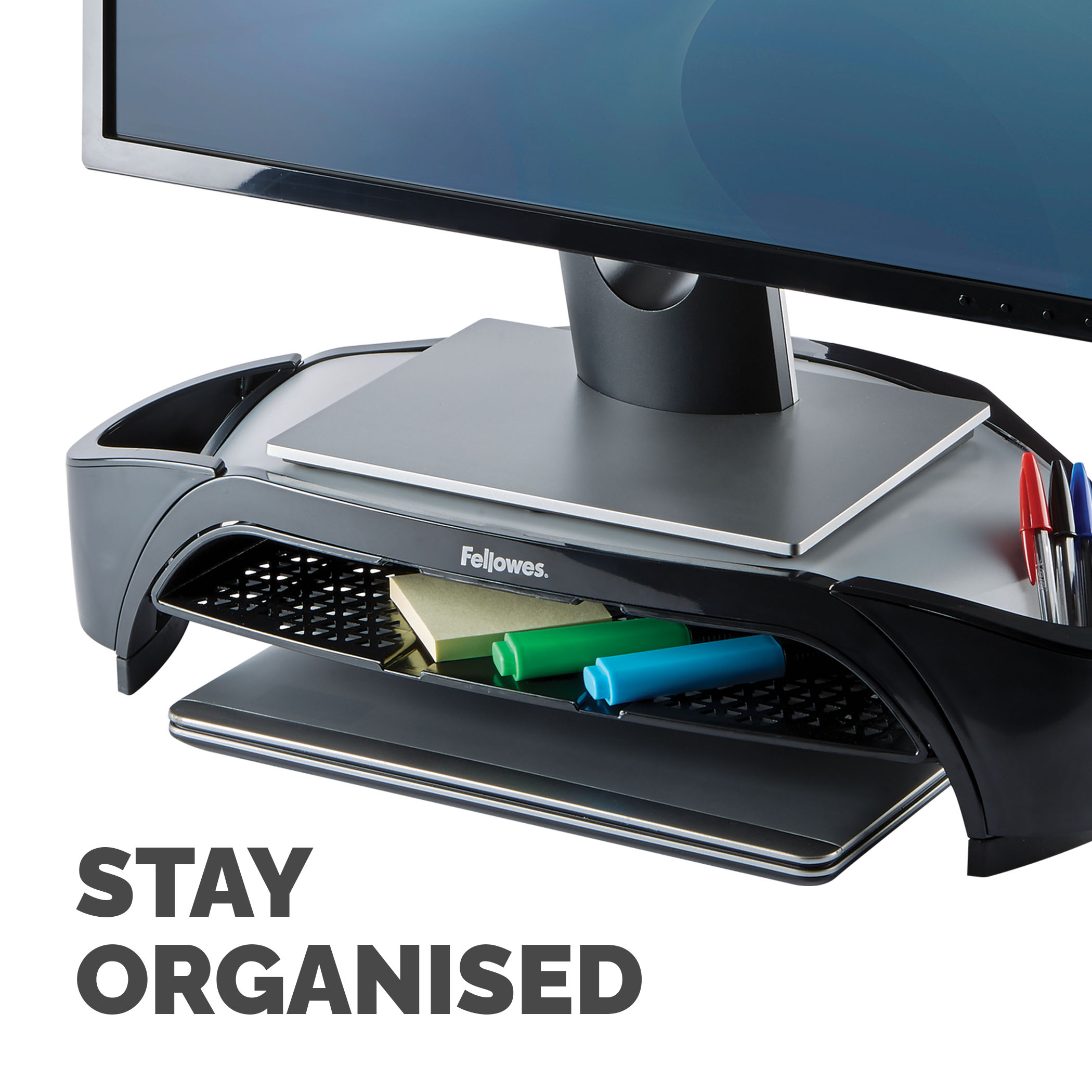 06868c7a96dd9b1f255fdbd9e59bbf0774531f34 Fellowes Computer Monitor Stand with 3 Height Adjustments - Smart Suites Monitor Riser Plus with Storage Area - Ergonomic Adjustable Monitor Stand for Computers - Max Weight 10KG/Max Size 21" - Black