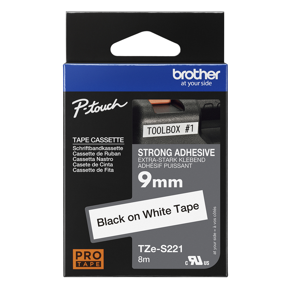 08d23f3ea5ac7c7ec25890f2c880d3ef12a34218 Brother TZE-S221 DirectLabel black on white extra strong Laminat 9mm x 8m for Brother P-Touch TZ 3.5-18mm/6-12mm/6-18mm/6-24mm/6-36mm