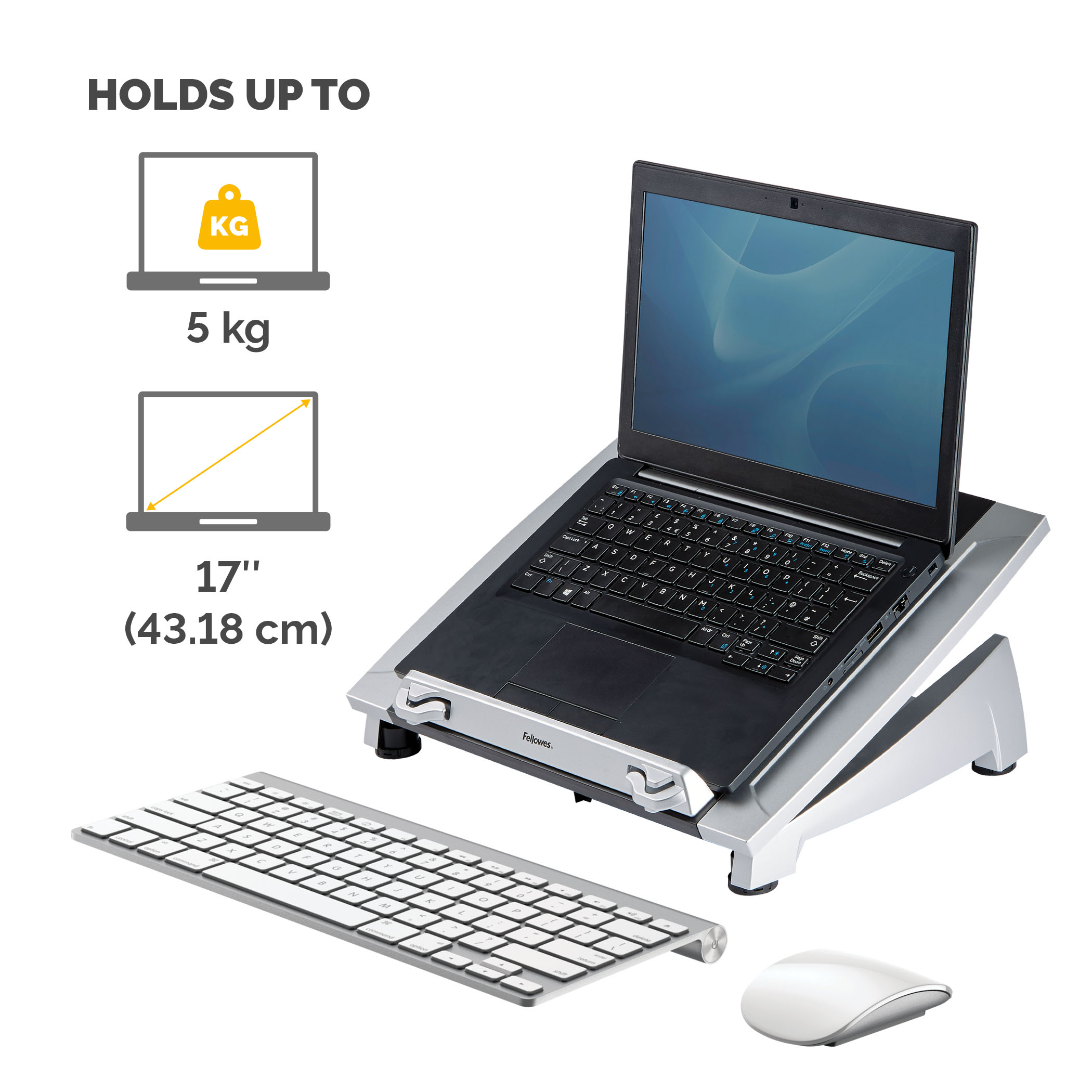 0a0c361395f61ec4de836883477c33ba1a9136c6 Fellowes Laptop Stand for Desk - Office Suites Plus Adjustable Laptop Stand for the Home and Office - Laptop Riser with 5 Height Adjustments - Max Monitor Size 17", Max Weight 5KG - Black/Silver