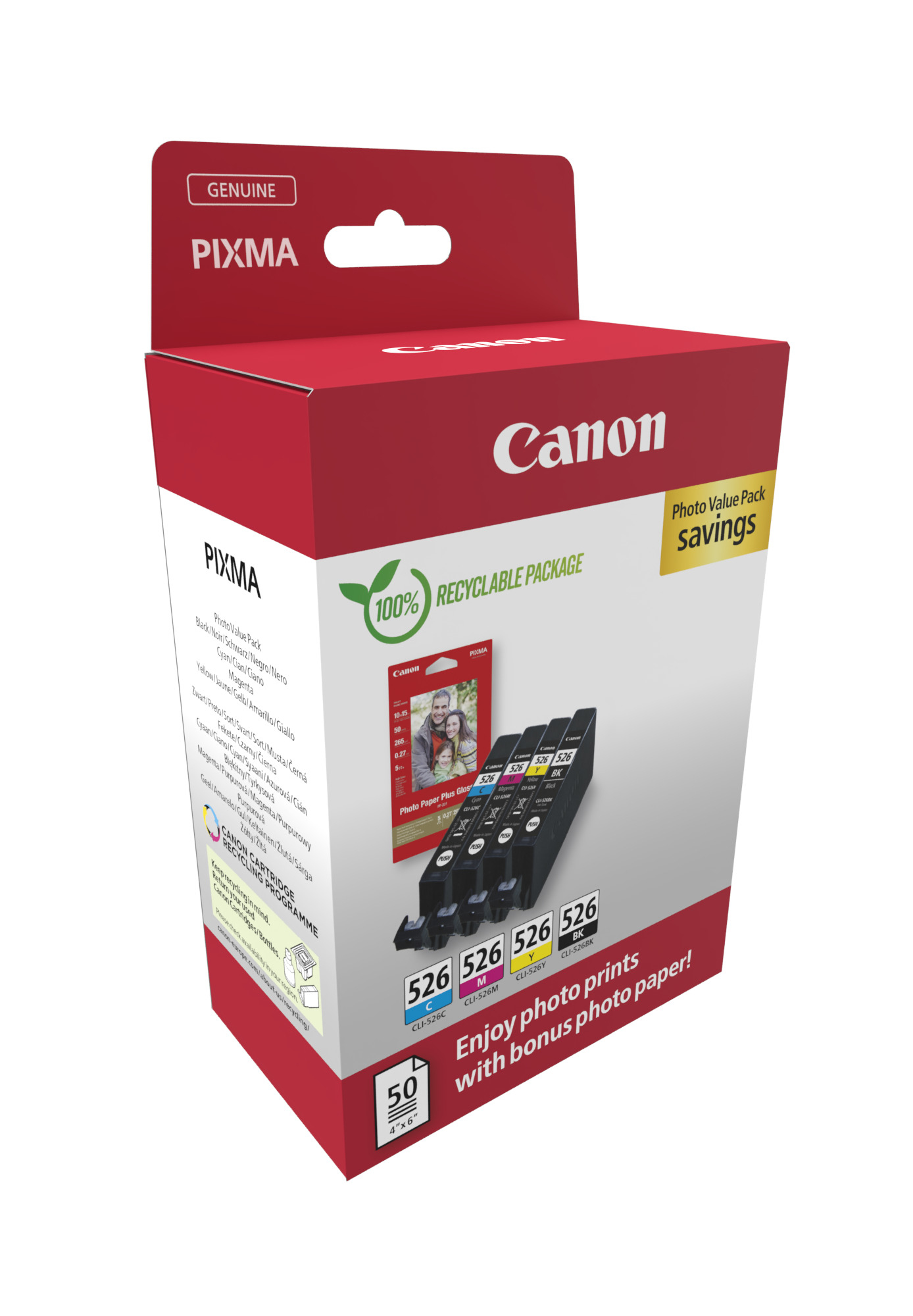 0d62e211c655c205375dbaf0ecfb95d3 Canon 4540B019/CLI-526 Ink cartridge multi pack Bk,C,M,Y + Photopaper 10x15cm 50 sheet Blister, 4x450 pages ISO/IEC 24711 9ml Pack=4 for Canon Pixma IP 4850/MG 5350/MG 6150/MG 6250/MX 885