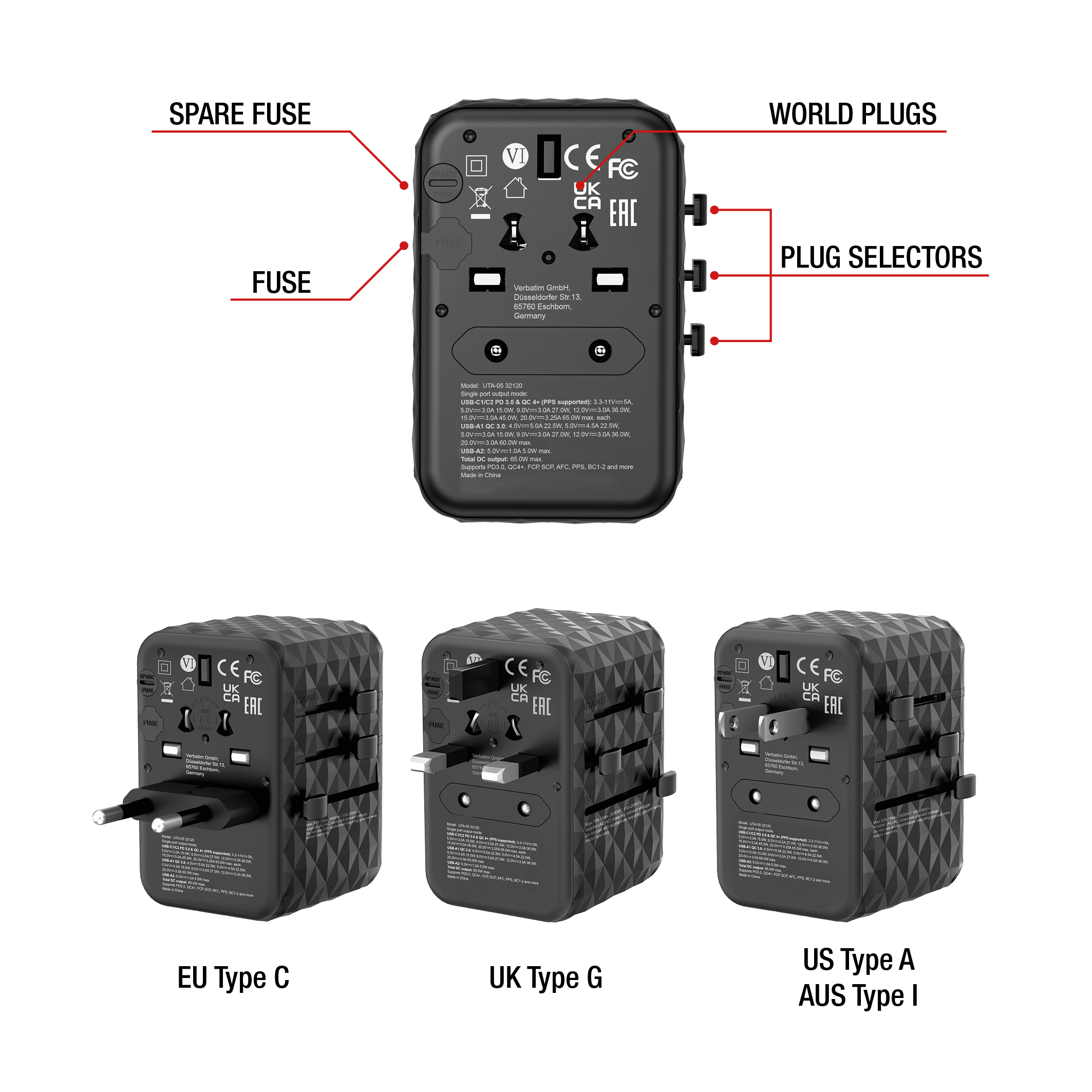 0e862e5e6991278fa3314b318e783c51 Verbatim UTA-05 65W GaN III Universal Travel Adapter with 2 x USB-C PD & QC 4+ & 2 x USB-A ports