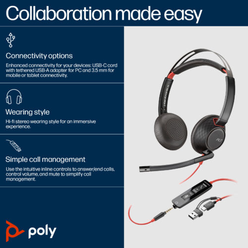 HP Poly Blackwire 5220 Stereo USB-C Headset +3.5mm Plug +USB-C/A Adapter