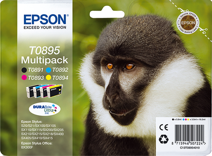 Epson C13T08954011/T0895 Ink cartridge multi pack Bk,C,M,Y 5,8ml + 3x3,5ml Pack=4 for Epson Stylus S 20/SX 115/SX 415