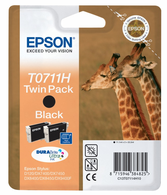 1206417_0246921868 Epson C13T07114H10/T0711H Ink cartridge black high-capacity twin pack, 2x370 pages ISO/IEC 24711 11.1ml Pack=2 for Epson Stylus BX 310/600/D 120/Office B 1100/Office B 40 w