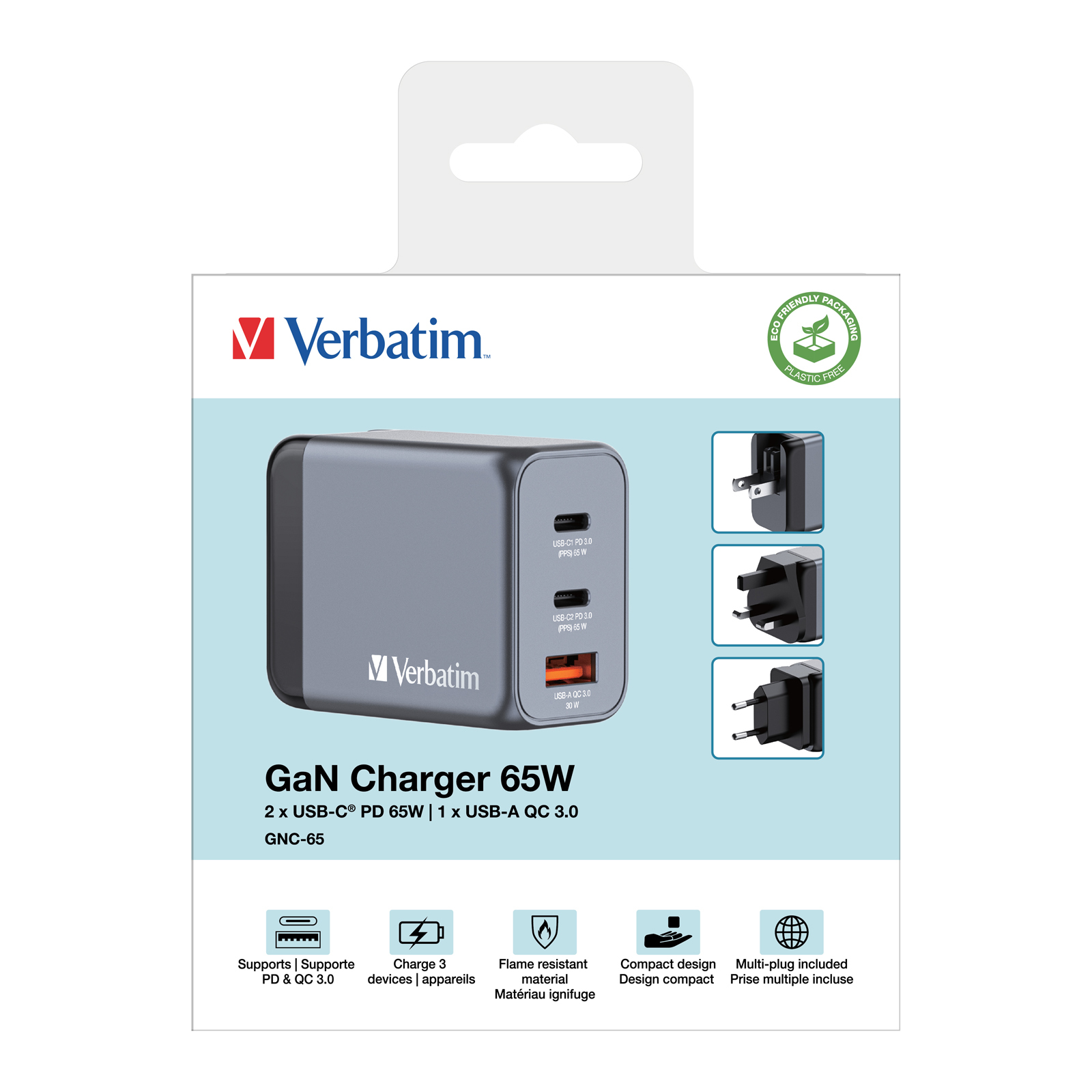 156aa9aeab529c18d0efd3ad24145260 Verbatim GNC-65 GaN Charger 65W with 2 x USB-C PD 65W / 1 x USB-A QC 3.0 (EU/UK/US)