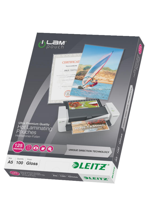 Leitz iLAM Ultra-premium Glossy A5 Laminating Pouches with UDT, 125 microns. Pack of 100.