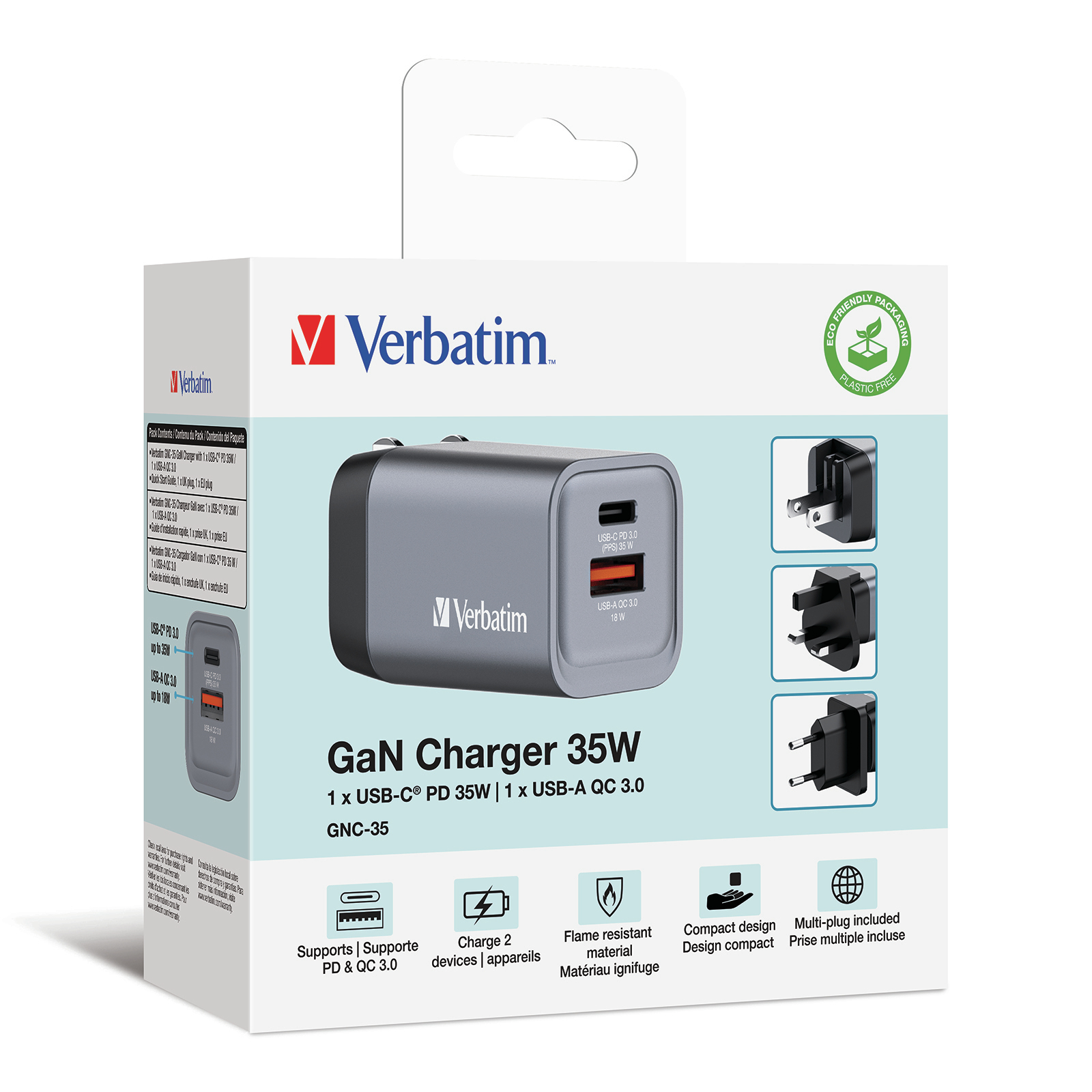 185c3a5a608abb3805d6679c8084e549 Verbatim GNC-35 GaN Charger 35W with 1 x USB-C PD 35W / 1 x USB-A QC 3.0 (EU/UK/US)