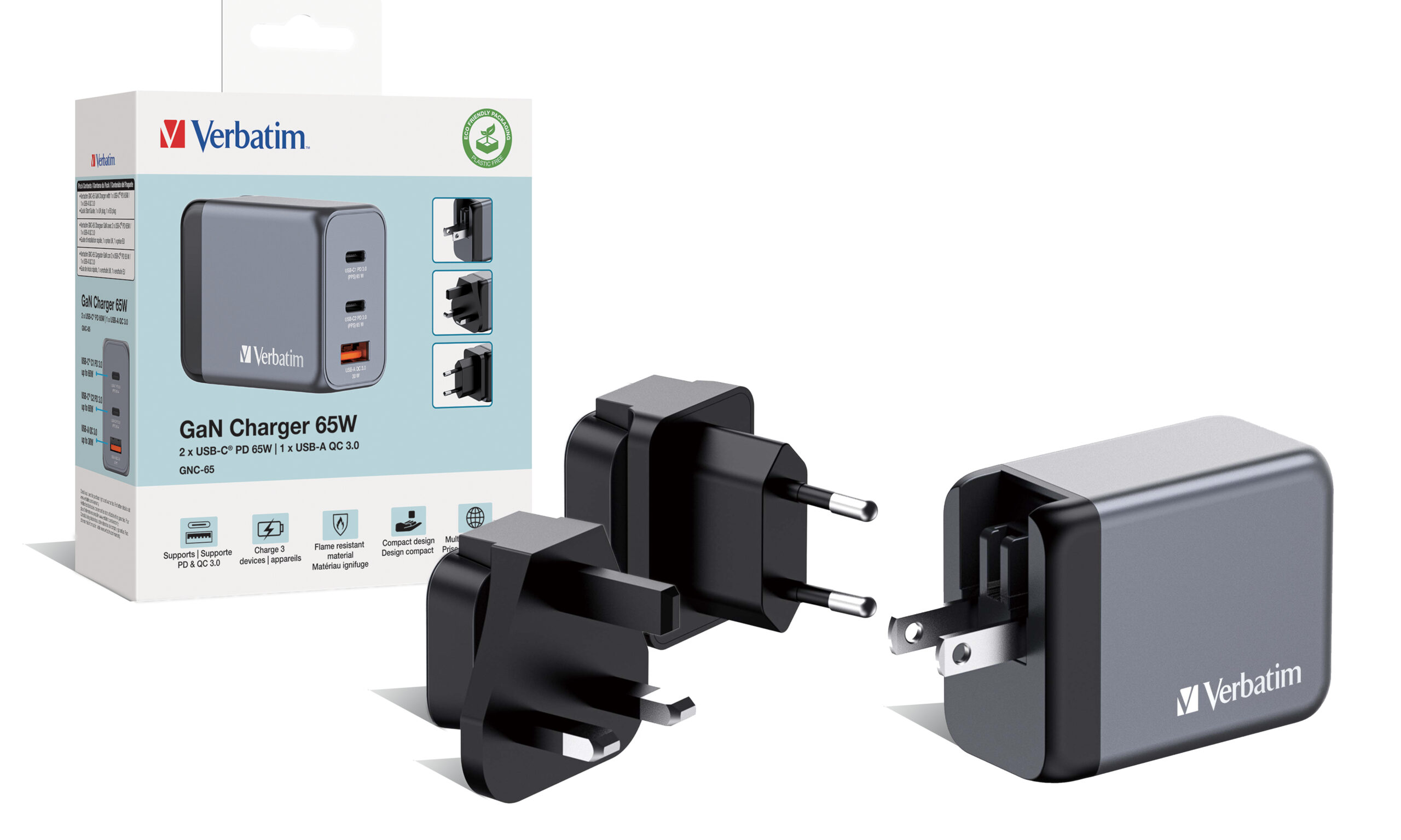 1cb94b328d6e061b9874383f5986a35f Verbatim GNC-65 GaN Charger 65W with 2 x USB-C PD 65W / 1 x USB-A QC 3.0 (EU/UK/US)