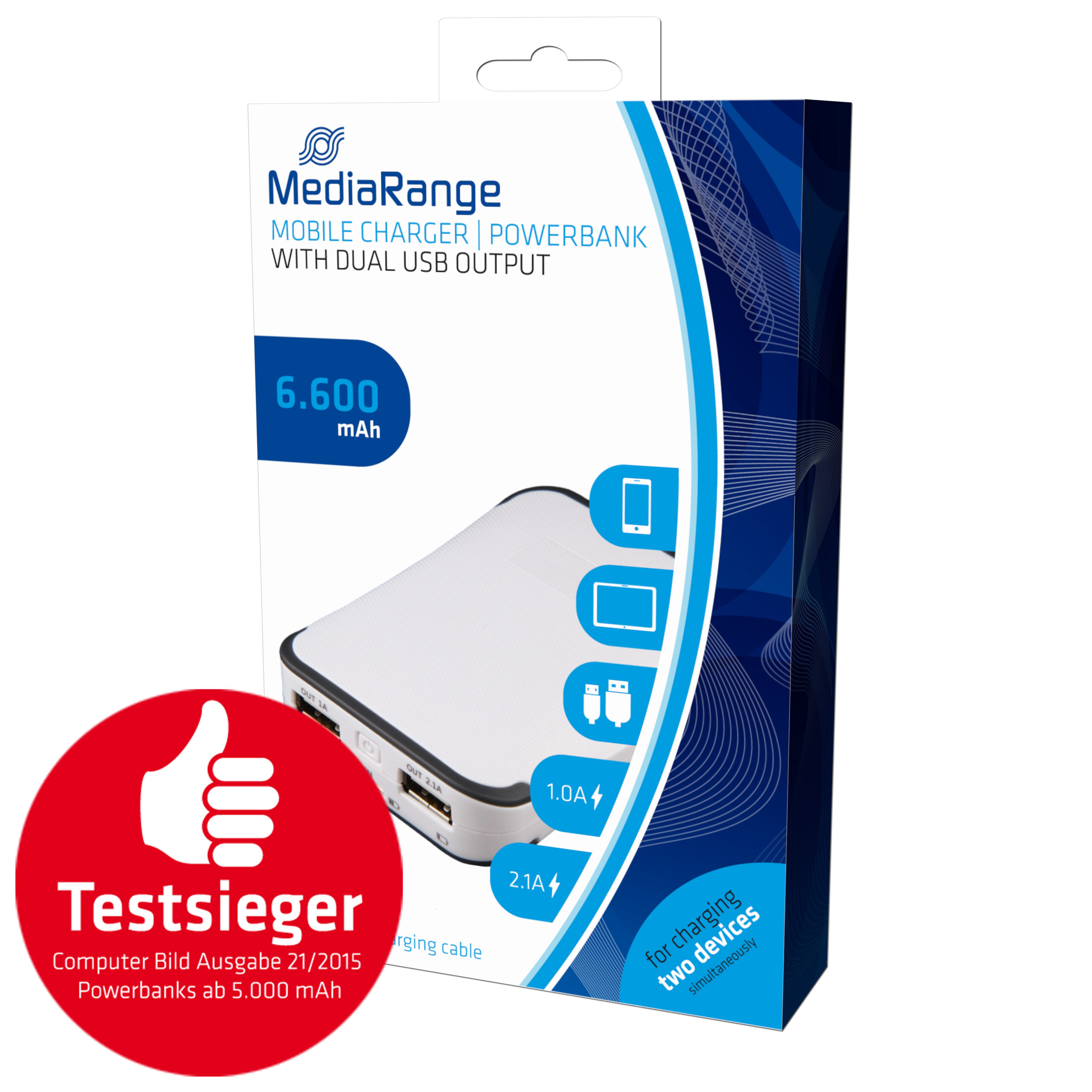 MediaRange MR742 power bank Lithium-Ion (Li-Ion) 6600 mAh Grey, White