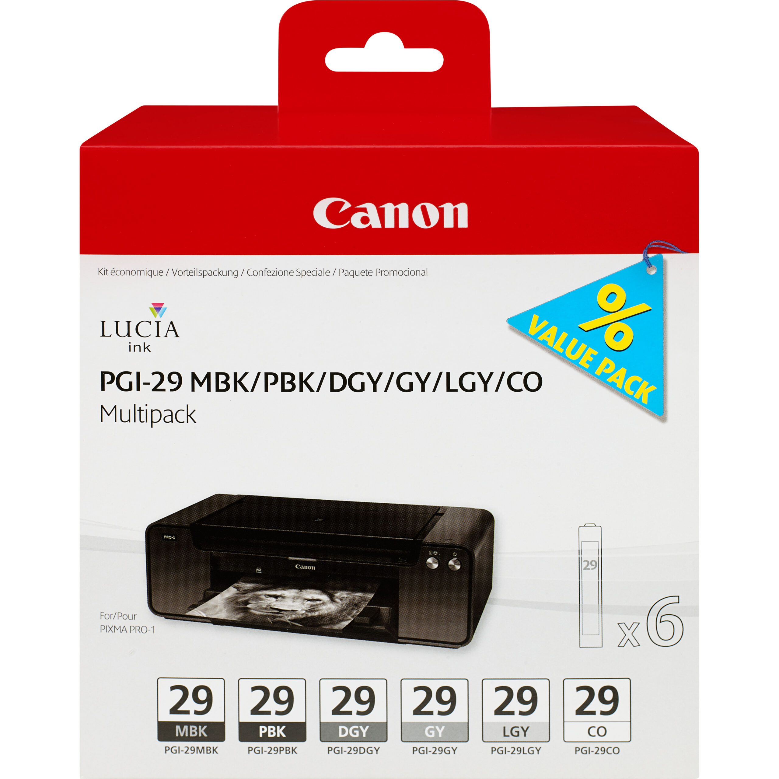 24240506_8211387430 Canon 4868B018/PGI-29 Ink cartridge multi pack MBK,PBK,DGY,GY,LGY,CO Pack=6 for Canon Pixma Pro 1