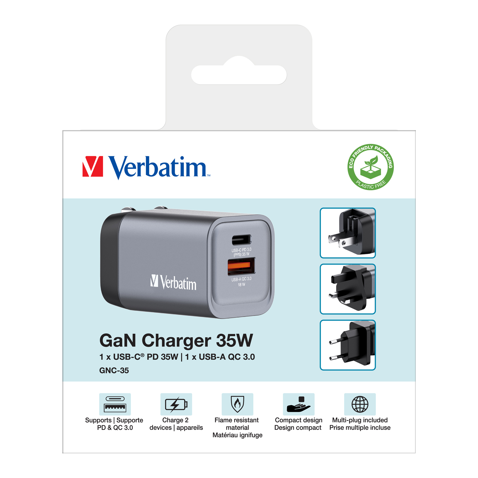 25ac3a64521009057e9d5c9755dc58f7 Verbatim GNC-35 GaN Charger 35W with 1 x USB-C PD 35W / 1 x USB-A QC 3.0 (EU/UK/US)