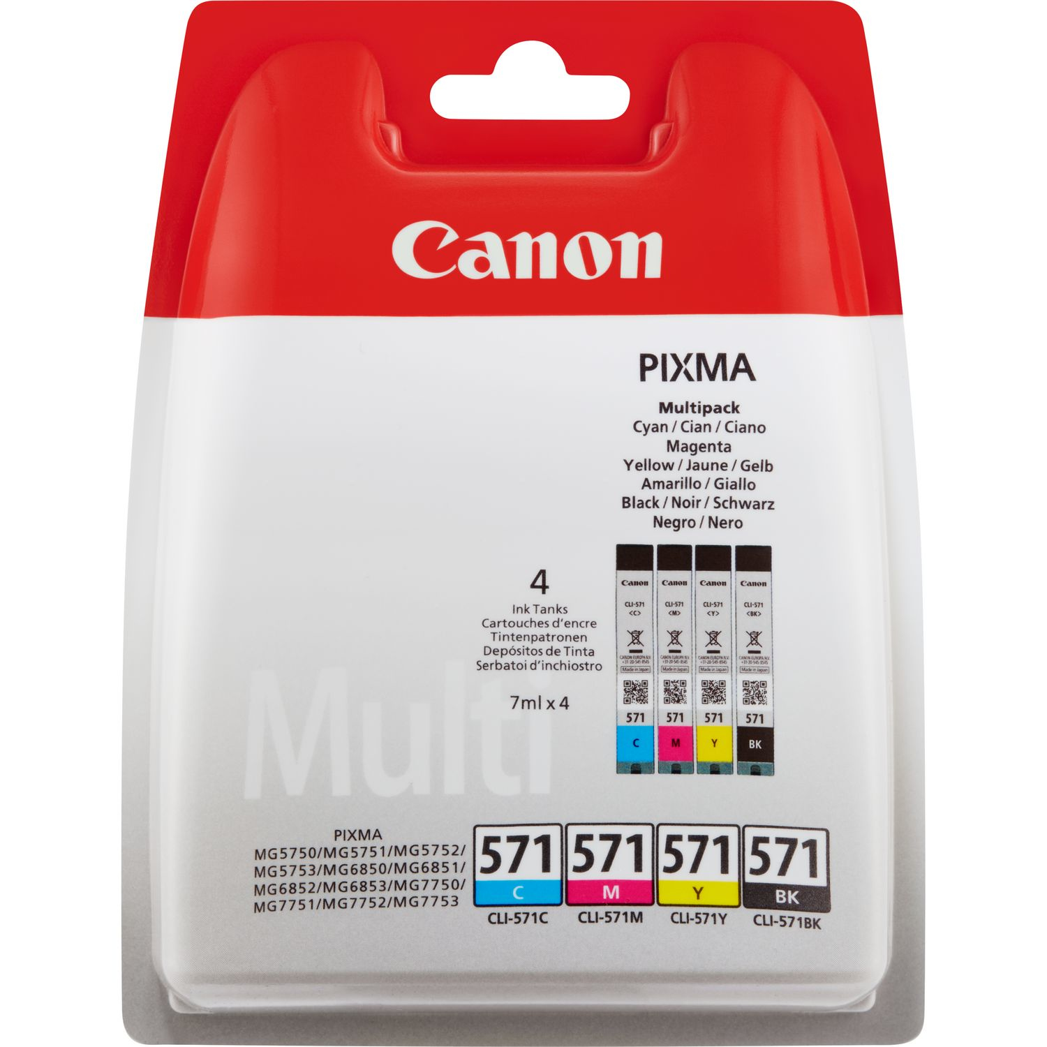 Canon 0386C004/CLI-571 Ink cartridge multi pack Bk,C,M,Y Blister 7ml Pack=4 for Canon Pixma MG 5750/7750