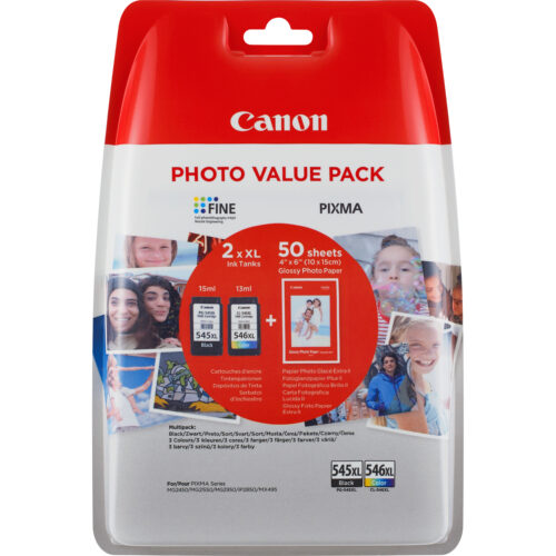 Canon 8286B006/PG-545XL+CL-546XL Printhead cartridge multi pack black + color + Photopaper 10x15cm 50 sheet 15ml + 13ml Pack=2 for Canon Pixma MG 2450