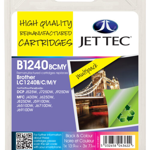 Jet Tec 137B124021/B1240B/C/M/Y Ink cartridge multi pack Bk,C,M,Y 13,9ml + 3x7,1ml Pack=4 (replaces Brother LC1240VALBP) for Brother DCP-J 525/MFC-J 6510
