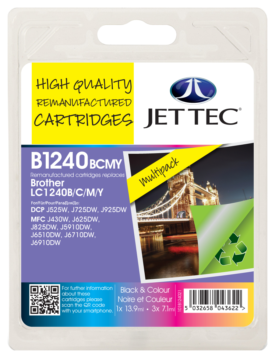 Jet Tec 137B124021/B1240B/C/M/Y Ink cartridge multi pack Bk,C,M,Y 13,9ml + 3x7,1ml Pack=4 (replaces Brother LC1240VALBP) for Brother DCP-J 525/MFC-J 6510