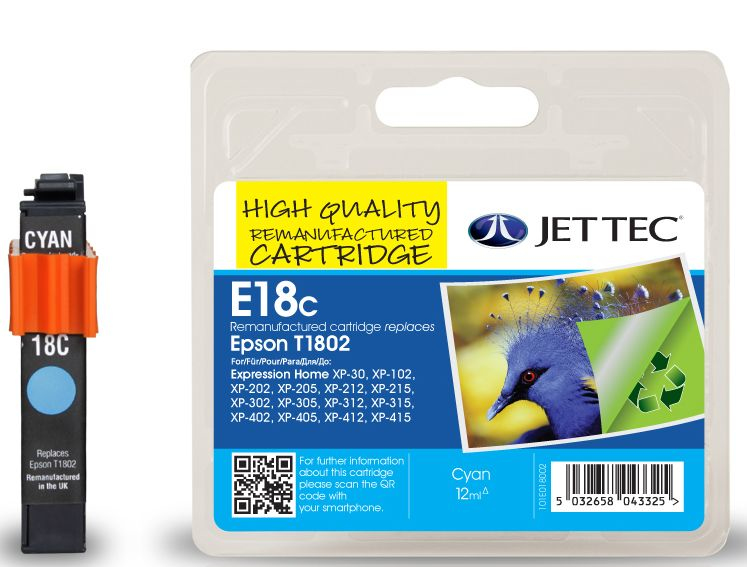 Jet Tec 137E018002/E18C Ink cartridge cyan 12ml (replaces Epson 18XL) for Epson XP 30