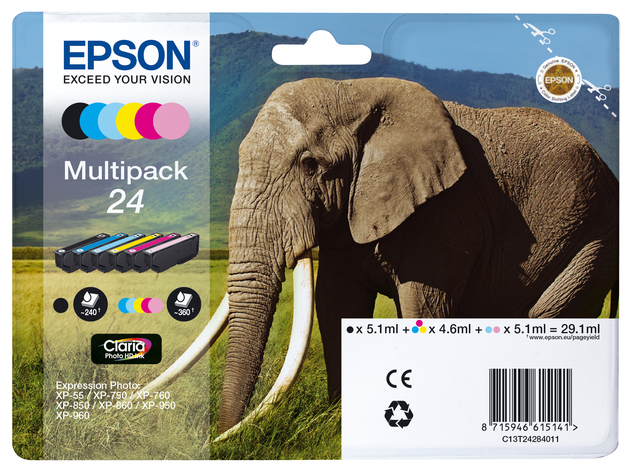 30612881_3539248317 Epson C13T24284011/24 Ink cartridge multi pack Bk,C,M,Y,LC,LM, 6x360 pages 1x240pg + 5x360pg, 1x5.1ml + 5x4.6ml Pack=6 for Epson XP 750