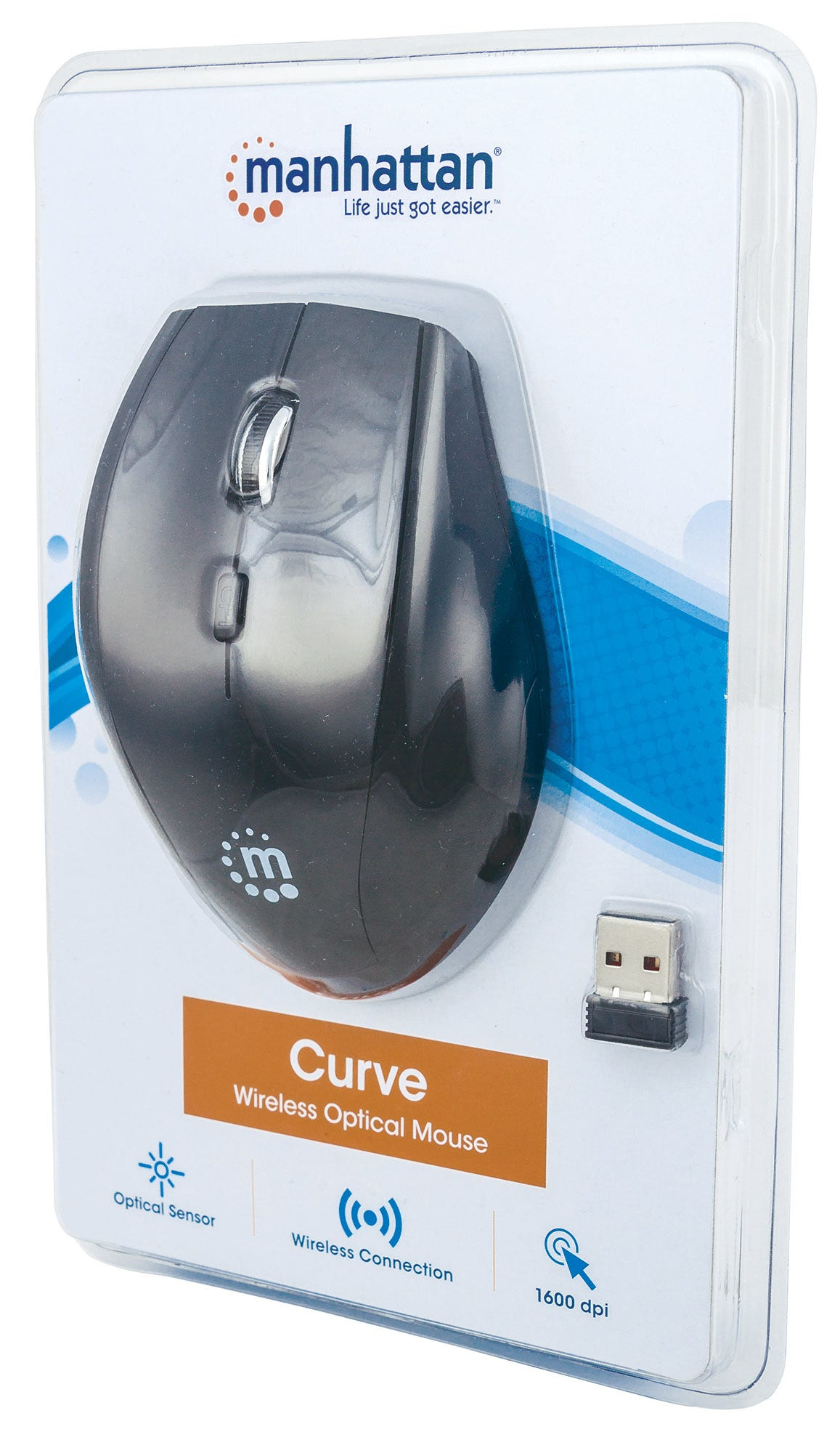 33095156_2262811544 Manhattan Curve Wireless Mouse, Black, Adjustable DPI (800, 1200 or 1600dpi), 2.4Ghz (up to 10m), USB, Optical, Five Button with Scroll Wheel, USB micro receiver, 2x AAA batteries (included), Full size, Low friction base, Three Year Warranty, Blister