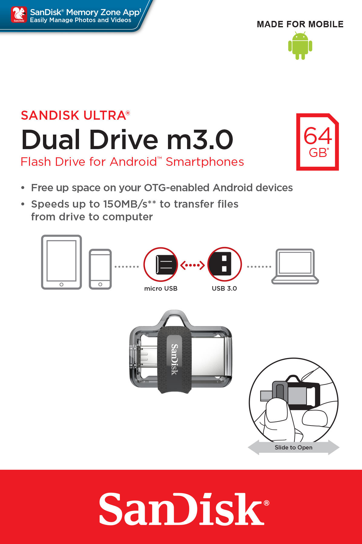 SanDisk Ultra Dual m3.0 USB flash drive 64 GB USB Type-A / Micro-USB 3.2 Gen 1 (3.1 Gen 1) Black, Silver, Transparent