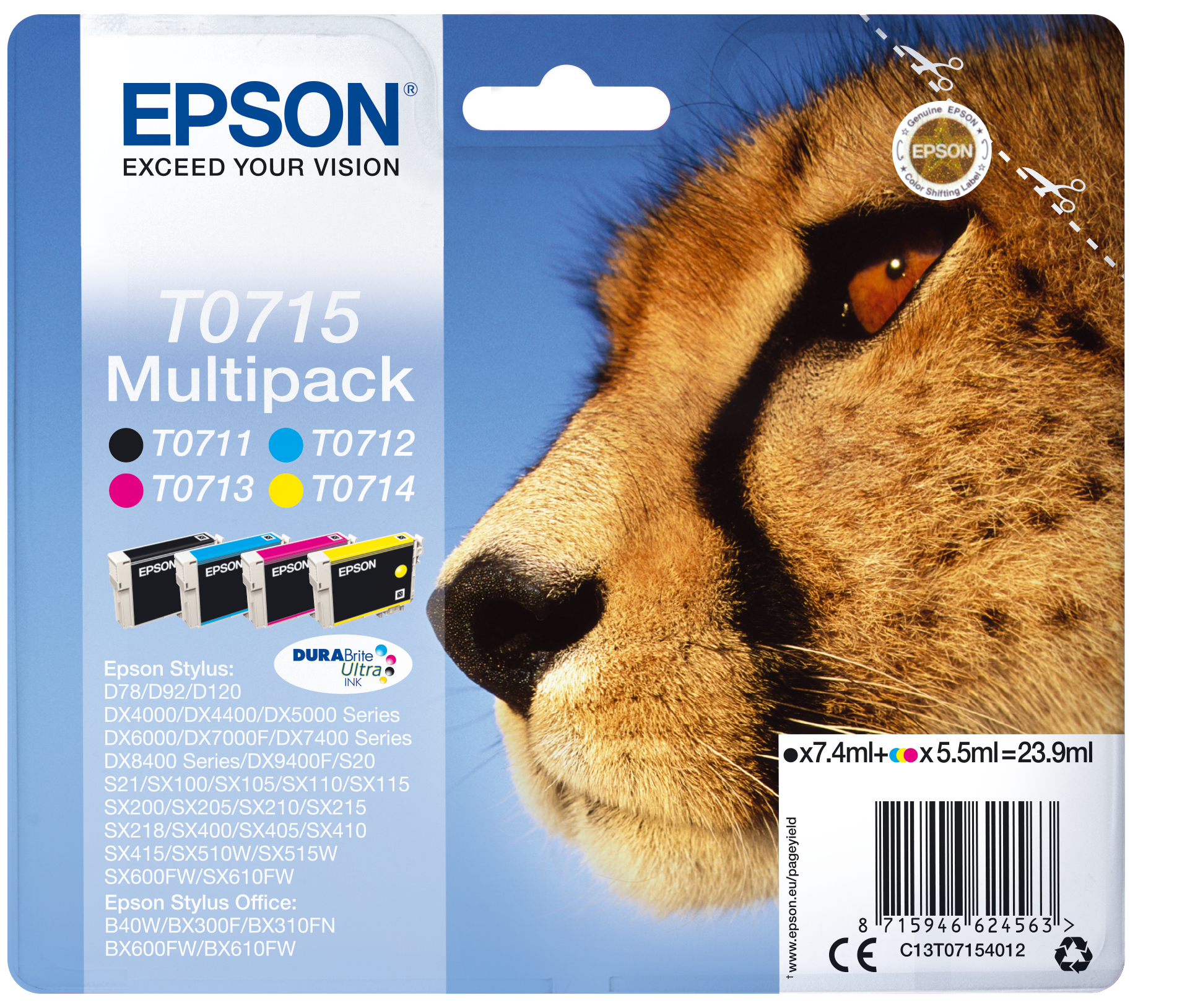 33622394_4730864034 Epson C13T07154012/T0715 Ink cartridge multi pack Bk,C,M,Y 7,4ml+3x5,5ml Pack=4 for Epson Stylus BX 310/600/D 120/D 78/S 20