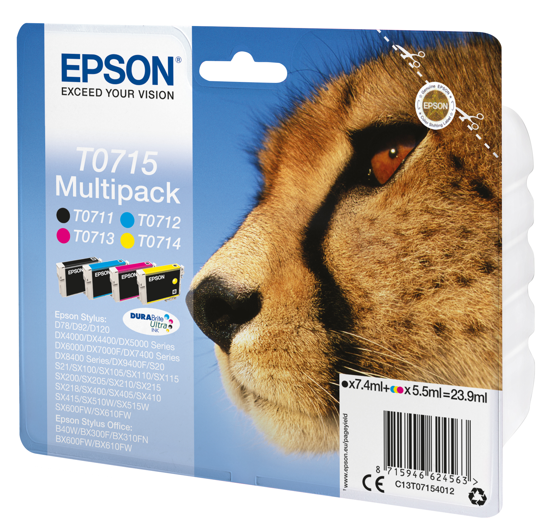33622394_7562410093 Epson C13T07154012/T0715 Ink cartridge multi pack Bk,C,M,Y 7,4ml+3x5,5ml Pack=4 for Epson Stylus BX 310/600/D 120/D 78/S 20