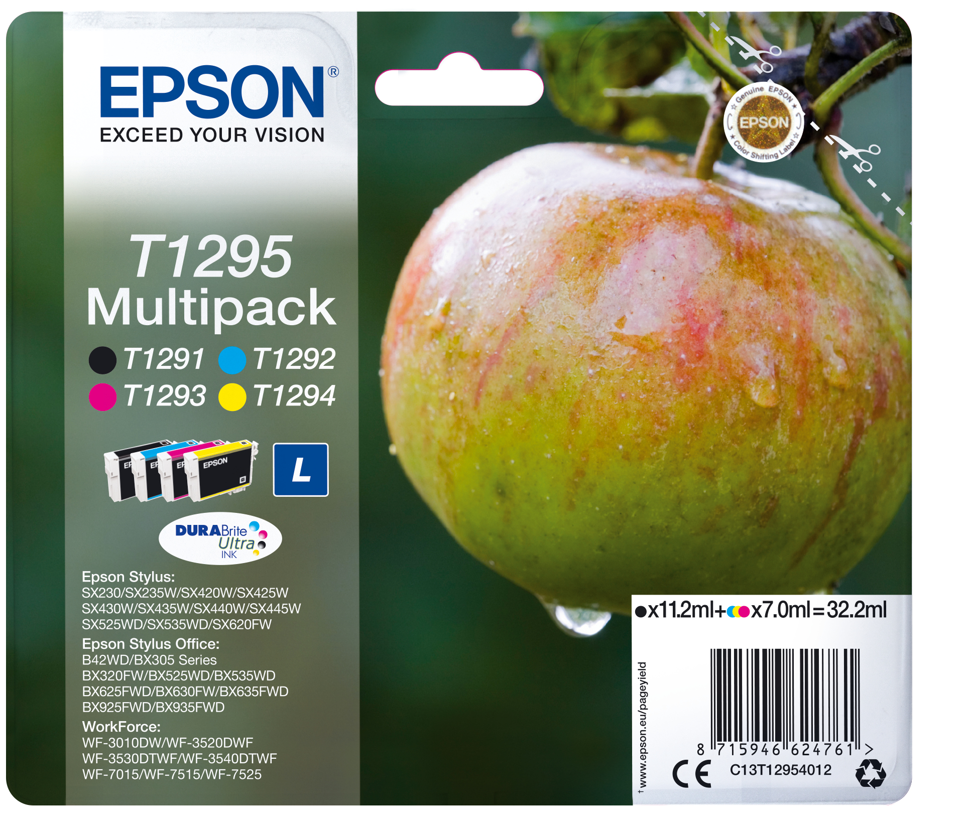 33622414_5752577172 Epson C13T12954012/T1295 Ink cartridge multi pack Bk,C,M,Y 11,2 ml + 3x7 ml Pack=4 for Epson Stylus BX 320/SX 235 W/SX 420/SX 525/WF 3500