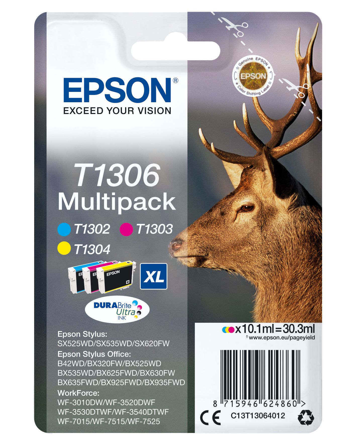 33622424_1783187324 Epson C13T13064012/T1306 Ink cartridge multi pack C,M,Y XL 3x10.1ml Pack=3 for Epson Stylus BX 320/SX 525/WF 3500