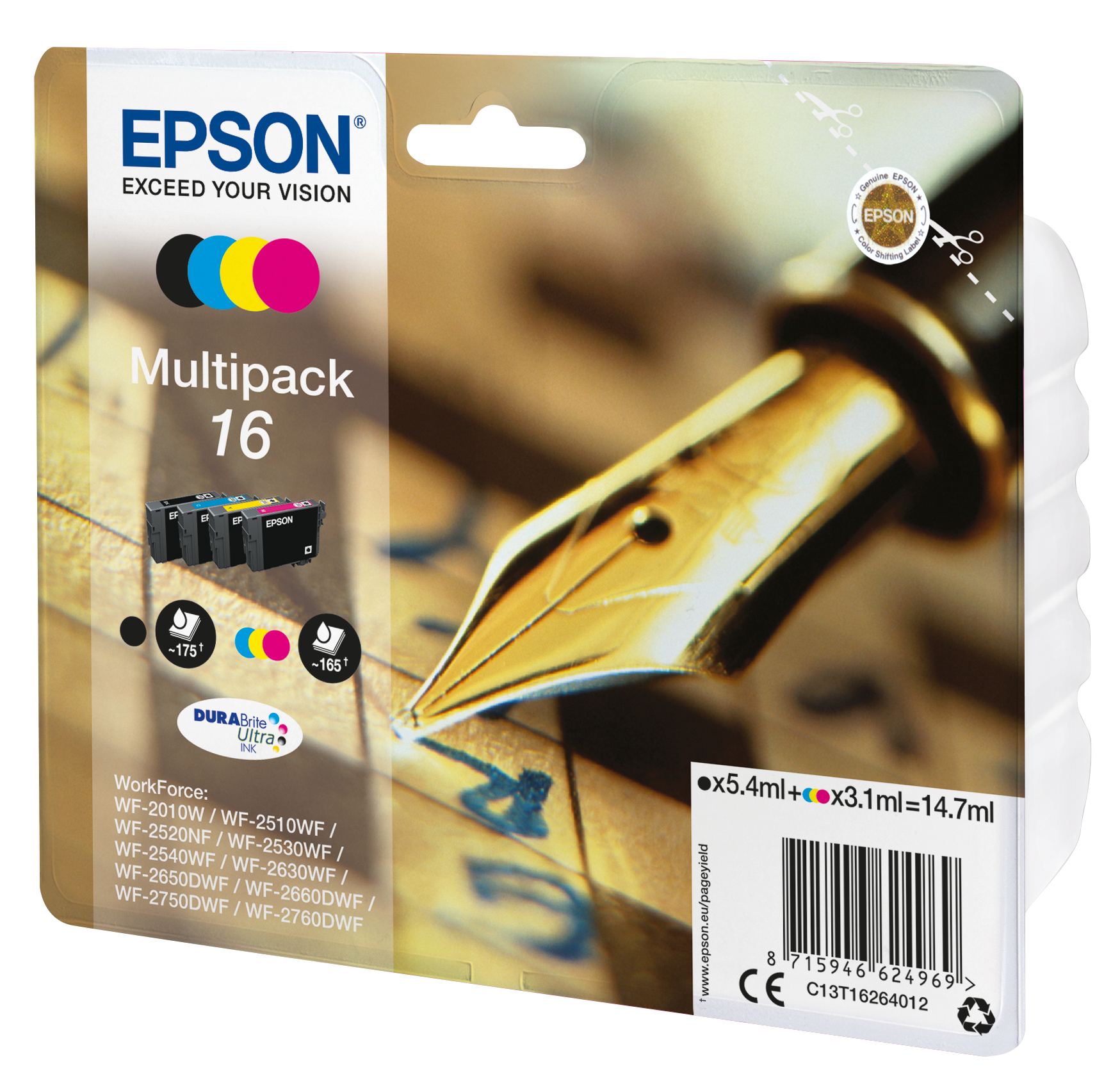 33622434_6606158229 Epson C13T16264022/16 Ink cartridge multi pack Bk,C,M,Y Blister Radio Frequency 175pg + 3x165pg, 1x5.4ml + 3x3.1ml Pack=4 for Epson WF 2010