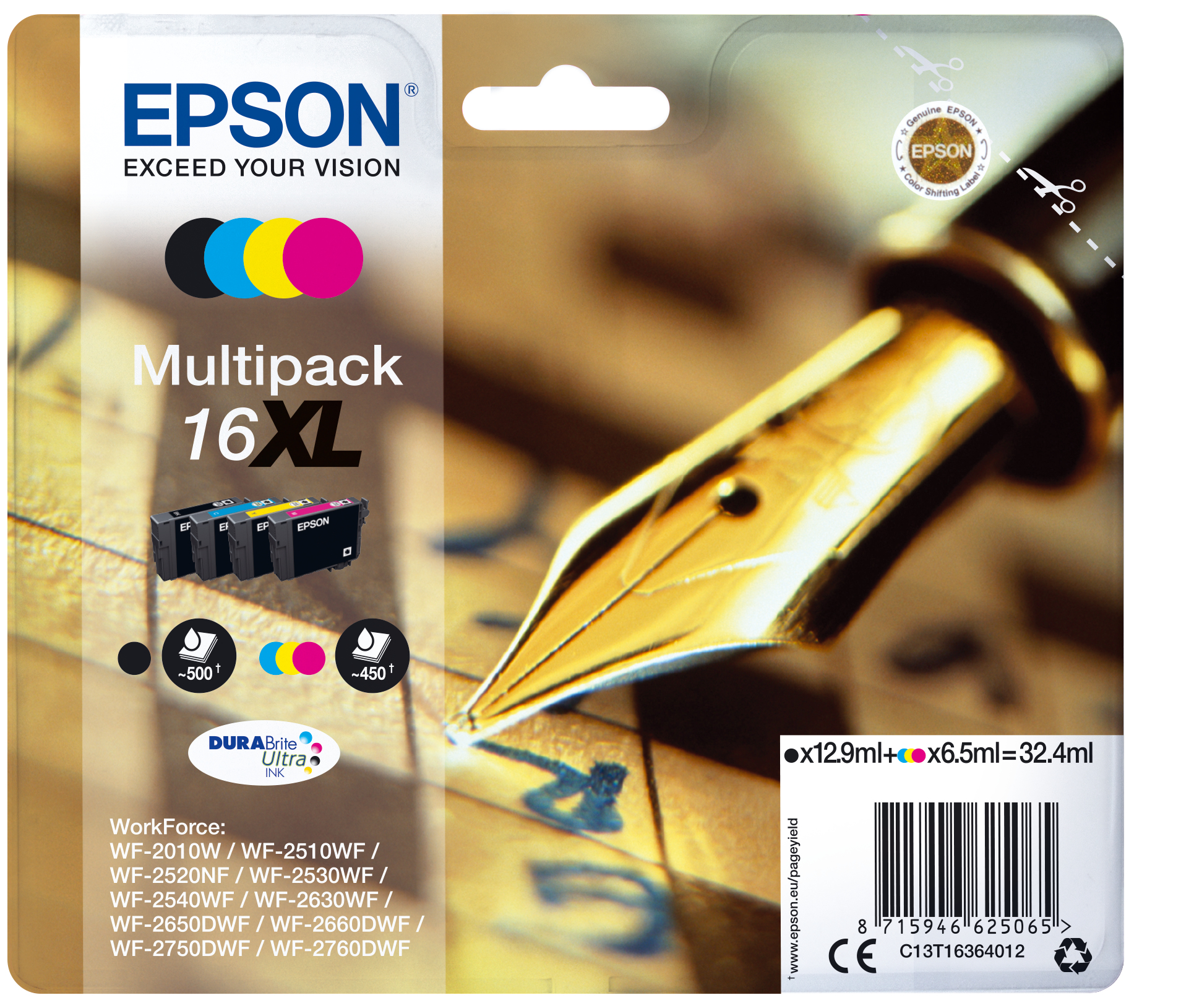 33622444_8962626601 Epson C13T16364012/16XL Ink cartridge multi pack Bk,C,M,Y high-capacity XL 12,9ml + 3x 6,5ml Pack=4 for Epson WF 2010/2660/2750