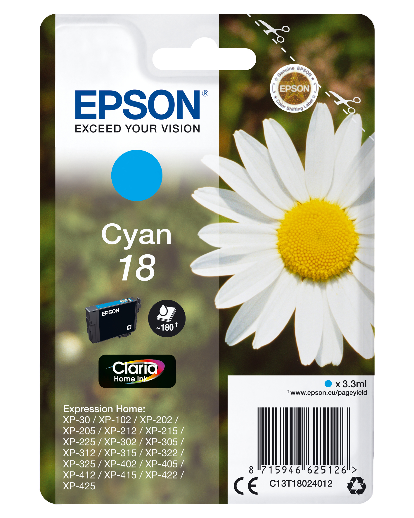 33622450_5024759883 Epson C13T18024012/18 Ink cartridge cyan, 180 pages 3ml for Epson XP 30