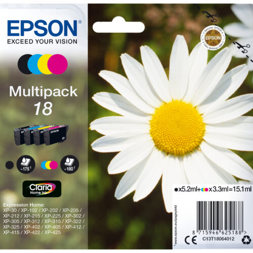 Epson C13T18064012/18 Ink cartridge multi pack Bk,C,M,Y 175pg + 3x180pg, 1x 5ml + 3x 3ml Pack=4 for Epson XP 30