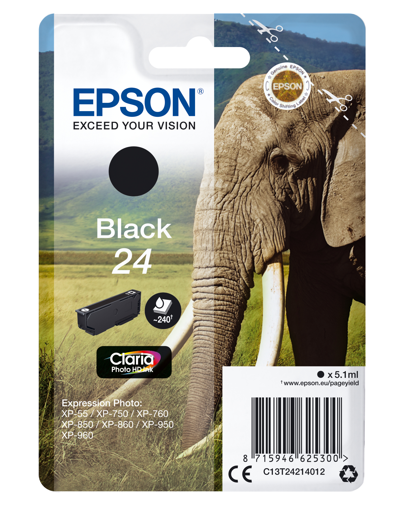 33622468_5055324033 Epson C13T24214012/24 Ink cartridge black, 360 pages 5,1ml for Epson XP 750
