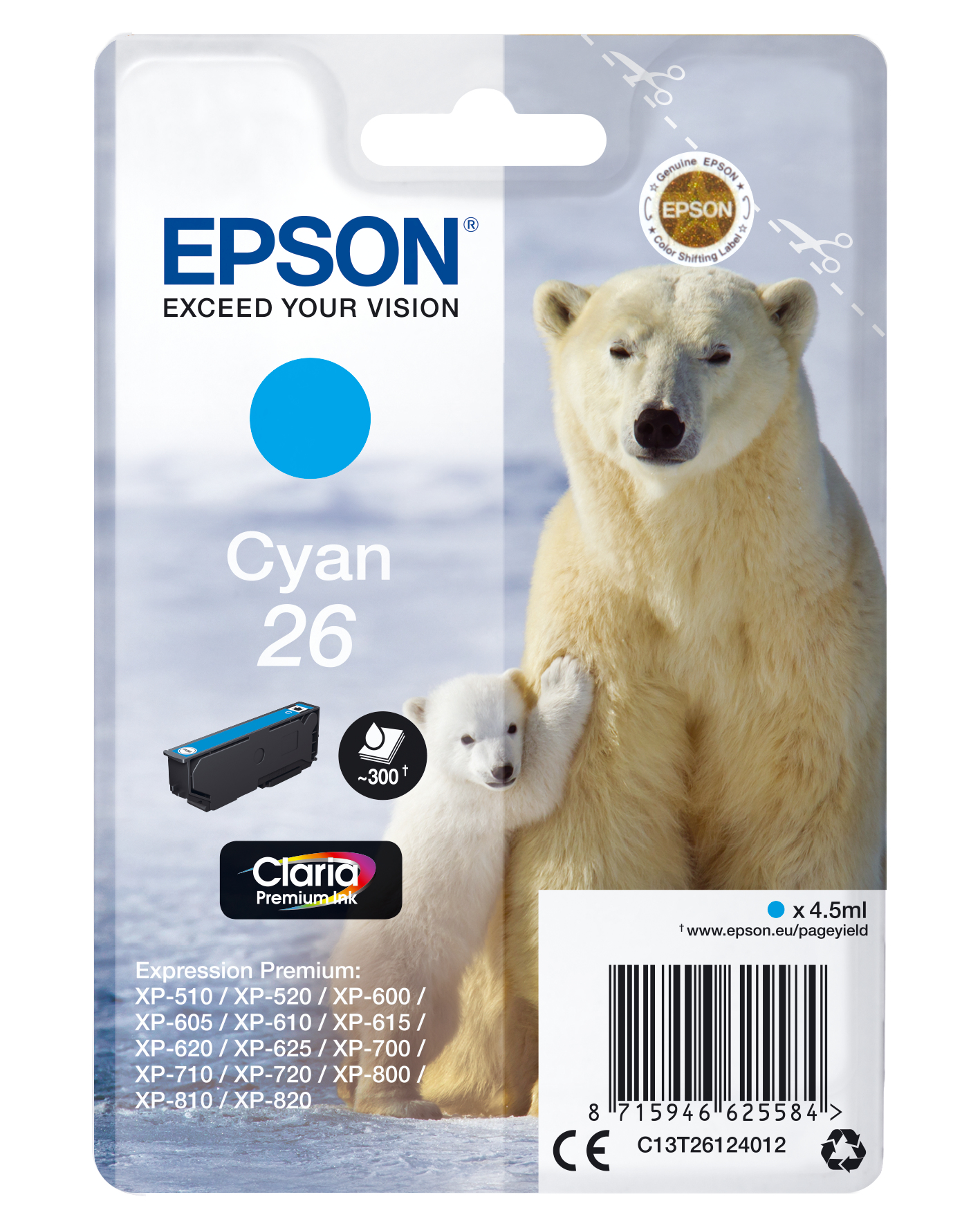 33622496_4521604830 Epson C13T26124012/26 Ink cartridge cyan, 300 pages ISO/IEC 19752 4,5ml for Epson XP 600
