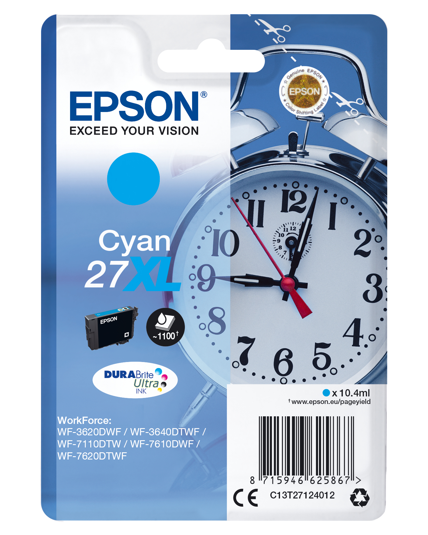 Epson C13T27124012/27XL Ink cartridge cyan high-capacity, 1.100 pages 10,4ml for Epson WF 3620