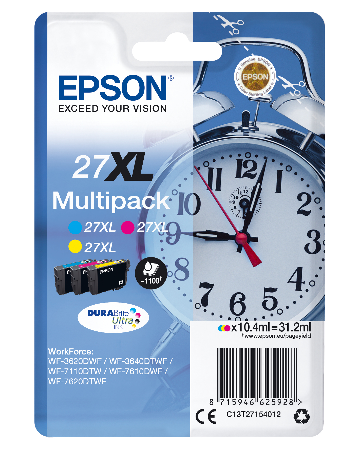 Epson C13T27154012/27XL Ink cartridge multi pack C,M,Y high-capacity, 3x1.100 pages 10,4ml Pack=3 for Epson WF 3620