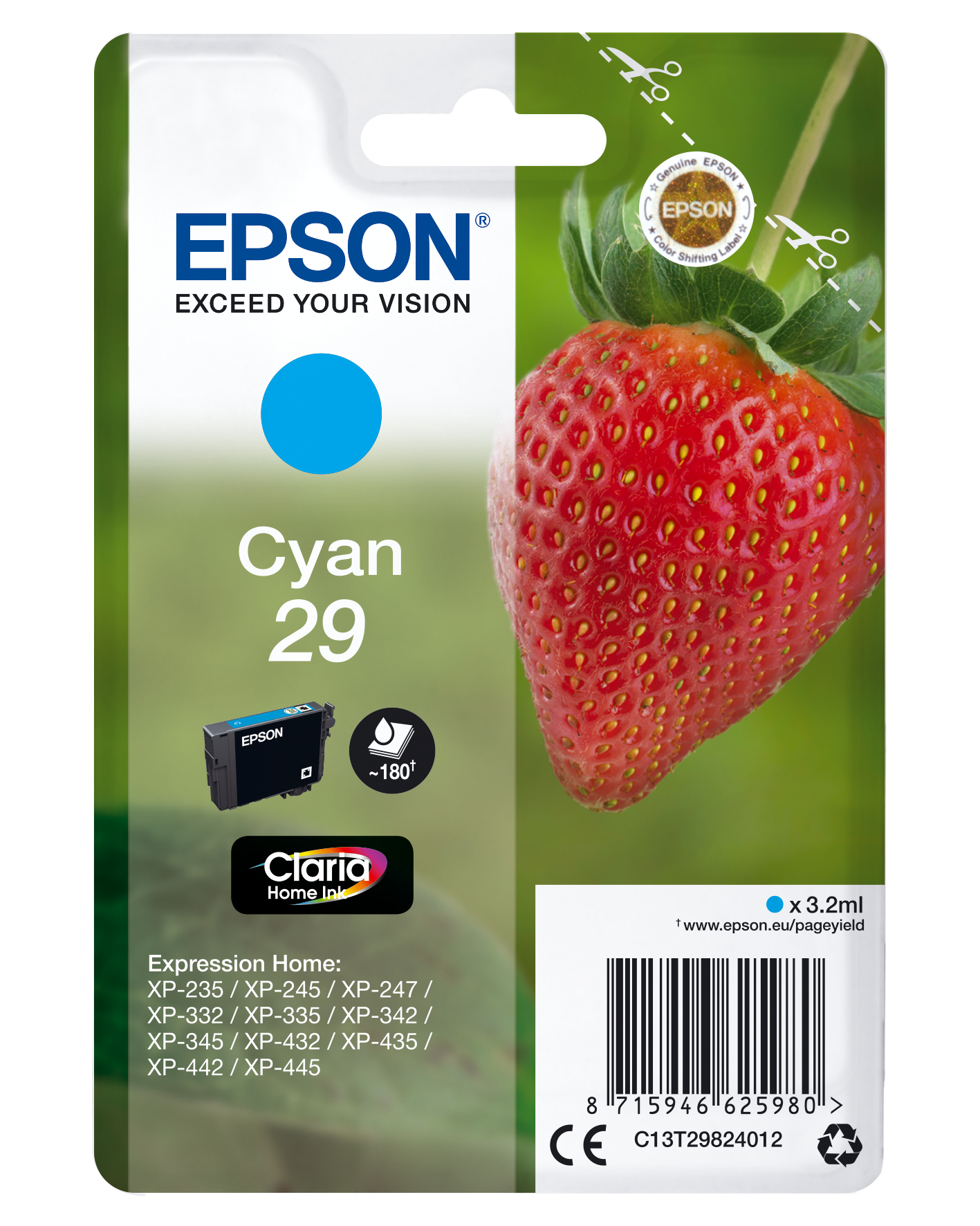 33622536_3122020498 Epson C13T29824012/29 Ink cartridge cyan, 180 pages ISO/IEC 19752 3,2ml for Epson XP 235/335