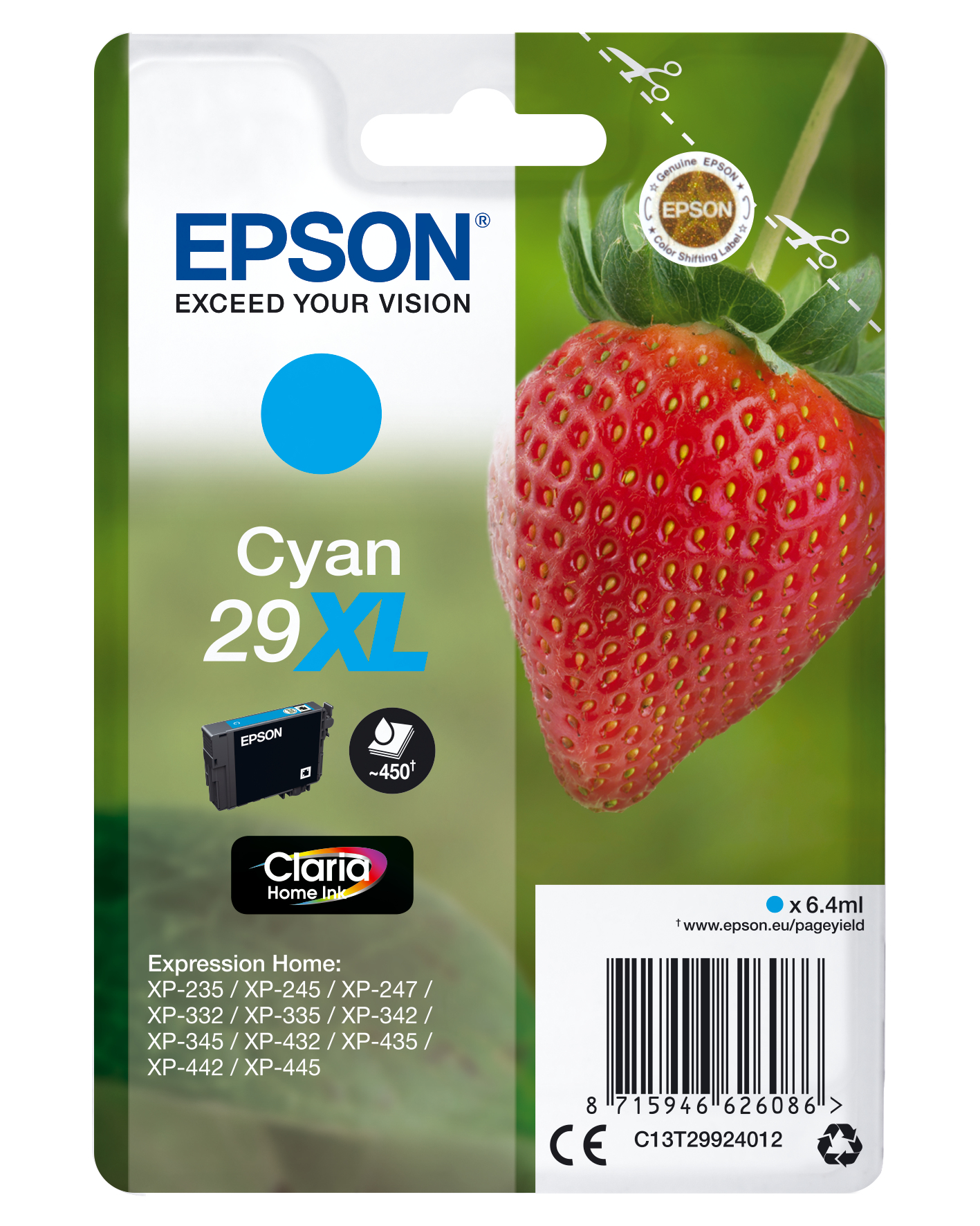 33622546_3257446719 Epson C13T29924012/29XL Ink cartridge cyan high-capacity, 450 pages ISO/IEC 19752 6,4ml for Epson XP 235/335