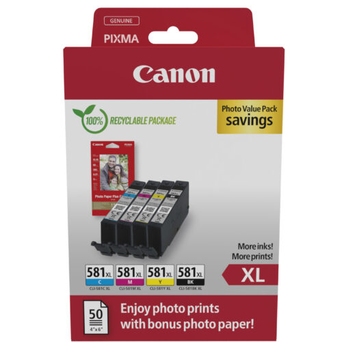 3fa5b11d1a94ccecc2b1f702c476bedb Canon 2052C006/CLI-581XL Ink cartridge multi pack Bk,C,M,Y high-capacity + Photopaper 50 sheet Pack=4 for Canon Pixma TS 6150/8150