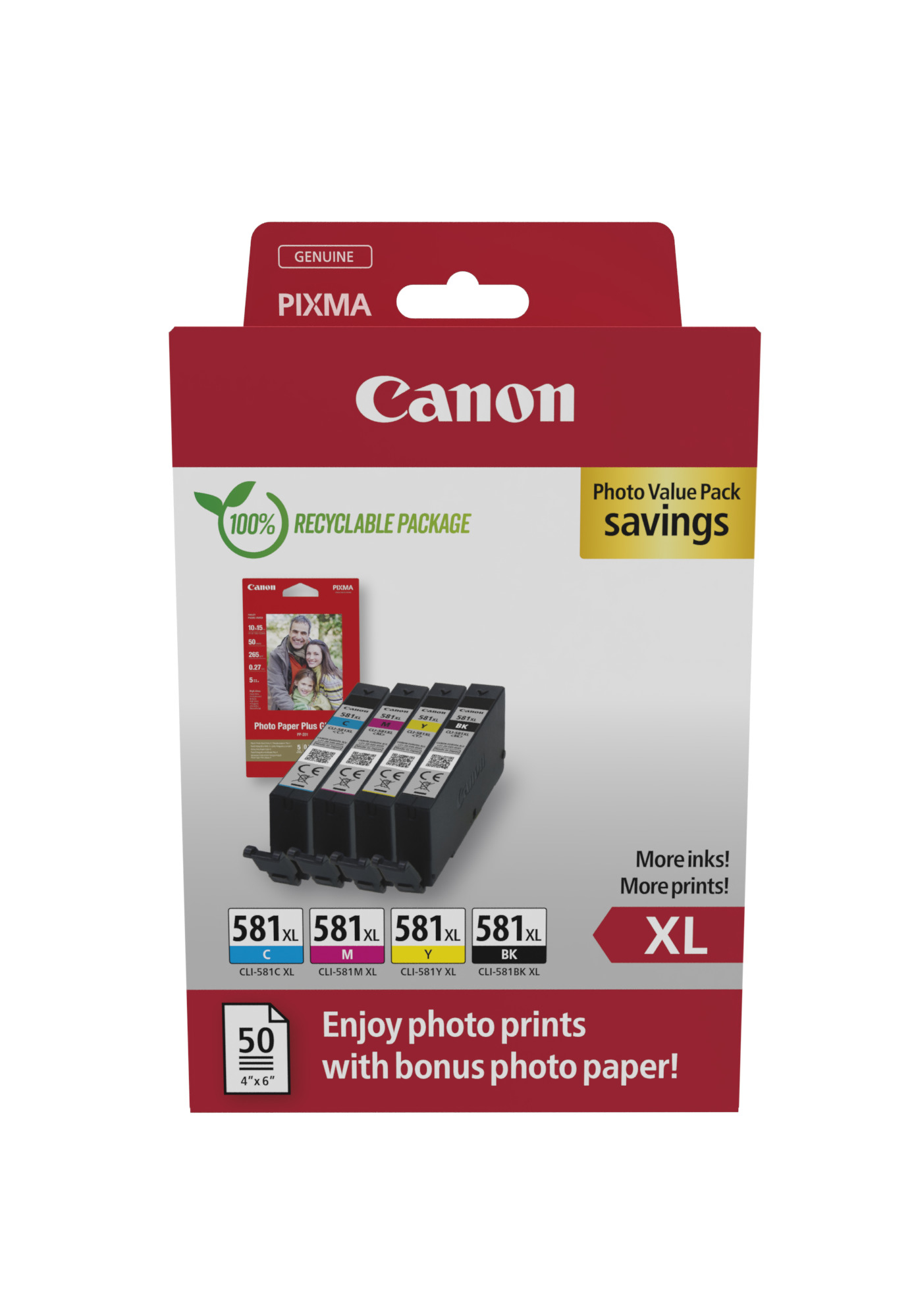 3fa5b11d1a94ccecc2b1f702c476bedb Canon 2052C006/CLI-581XL Ink cartridge multi pack Bk,C,M,Y high-capacity + Photopaper 50 sheet Pack=4 for Canon Pixma TS 6150/8150