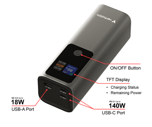43ee9abb5c66dc23193440888139a6a4805da938 Verbatim Charge ´n´ Go Power Bank 27000mAh 183W Grey