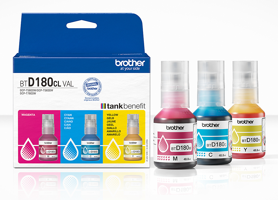 Brother BT-D180CLVAL Ink bottle Multipack C,M,Y, 3x5.000 pages ISO/IEC 19752 48.8ml Pack=3 for Brother DCP-T 580 DW