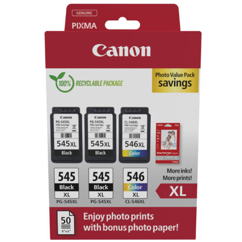 Canon 8286B015/PG-545XL+CL-546XL Printhead cartridge multi pack 2x black +1x color high-capacity +50 sheet Photopaper PVP 2x15ml + 1x13ml Pack=3 for Canon Pixma MG 2450