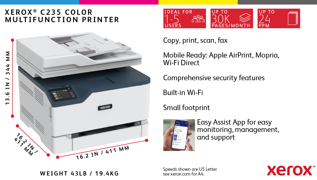 Xerox C235 A4 22ppm Wireless Copy/Print/Scan/Fax PS3 PCL5e/6 ADF 2 Trays Total 251 Sheets UK