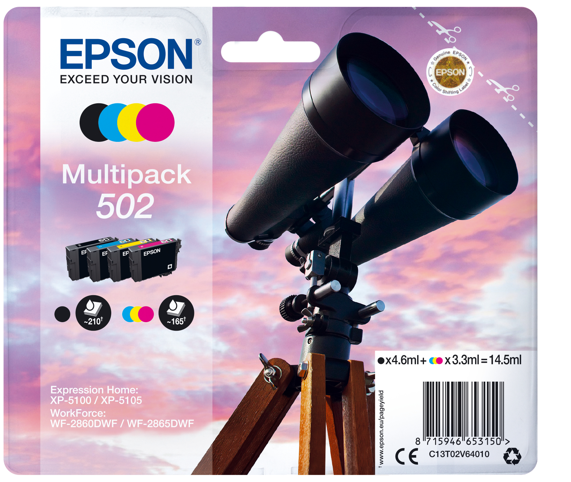 52270524_7697608459 Epson C13T02V64010/502 Ink cartridge multi pack Bk,C,M,Y 4,6ml + 3x3,3ml Pack=4 for Epson XP 5100