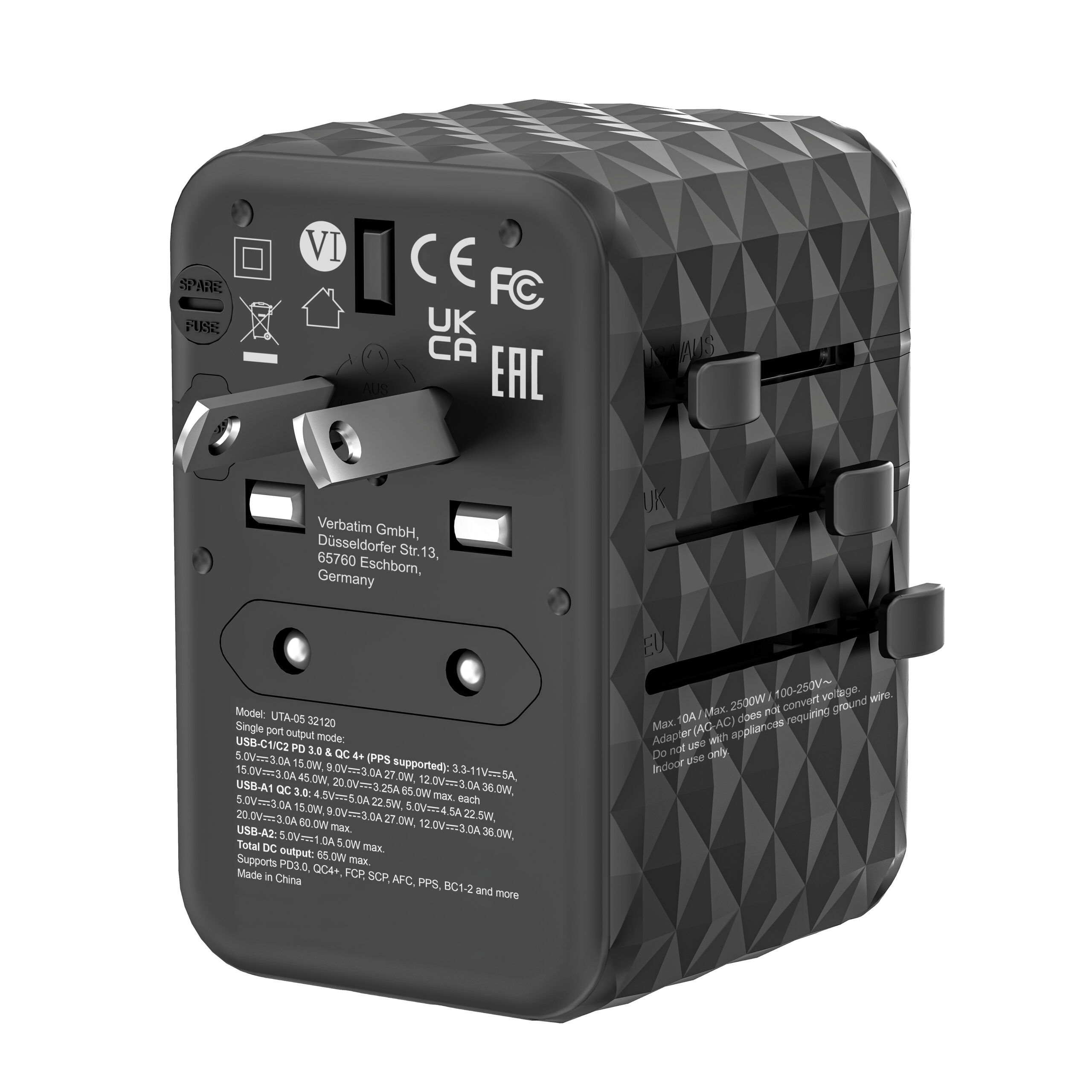 5843816a53b24f1bf281b4356b73f62a Verbatim UTA-05 65W GaN III Universal Travel Adapter with 2 x USB-C PD & QC 4+ & 2 x USB-A ports