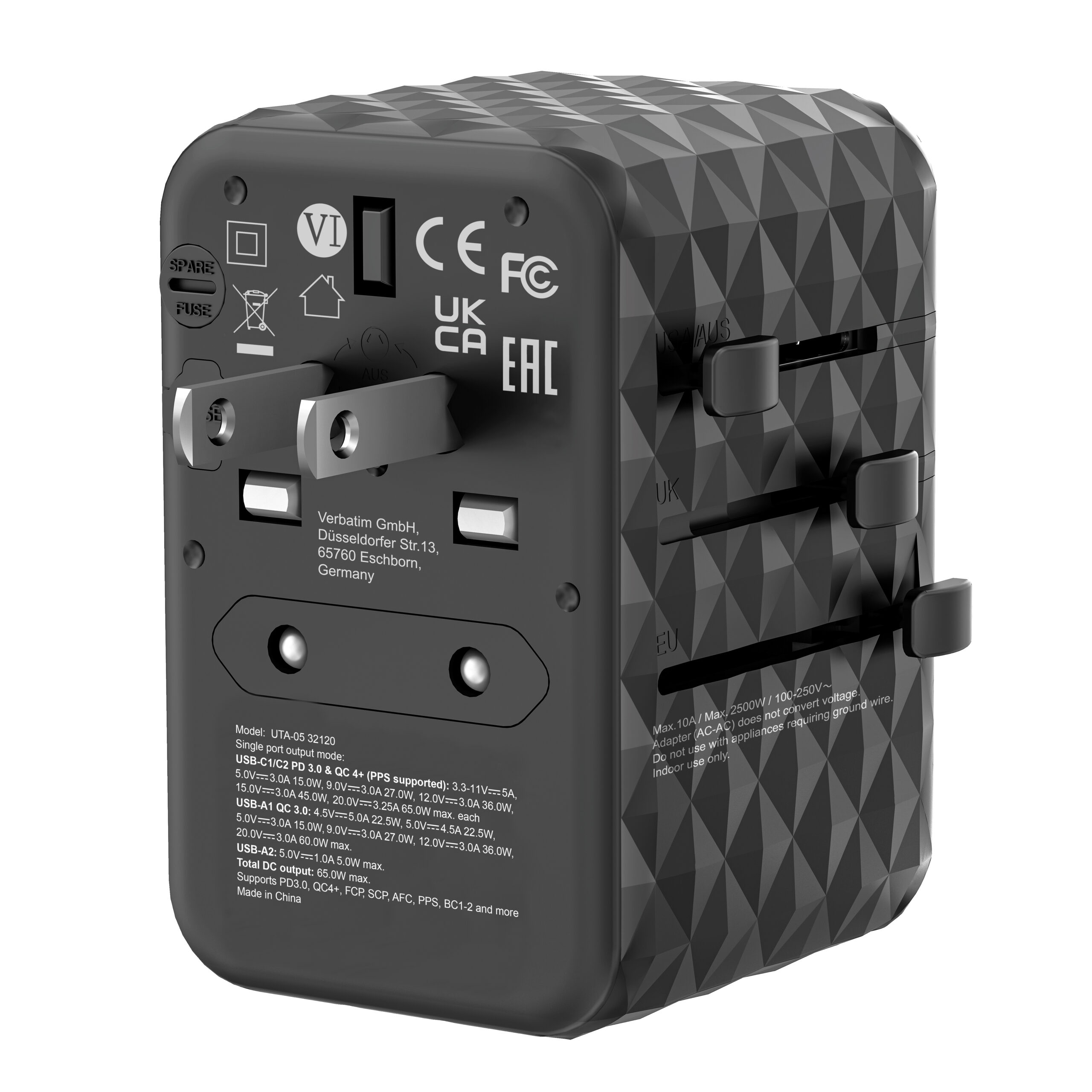 5d694a9dd6f4656618747405a2b77b88 Verbatim UTA-05 65W GaN III Universal Travel Adapter with 2 x USB-C PD & QC 4+ & 2 x USB-A ports