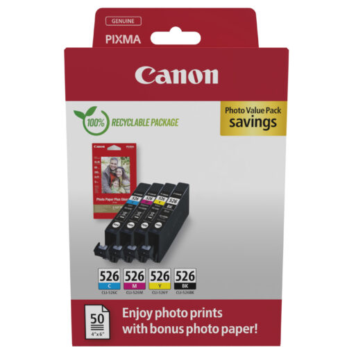 Canon 4540B019/CLI-526 Ink cartridge multi pack Bk,C,M,Y + Photopaper 10x15cm 50 sheet Blister, 4x450 pages ISO/IEC 24711 9ml Pack=4 for Canon Pixma IP 4850/MG 5350/MG 6150/MG 6250/MX 885