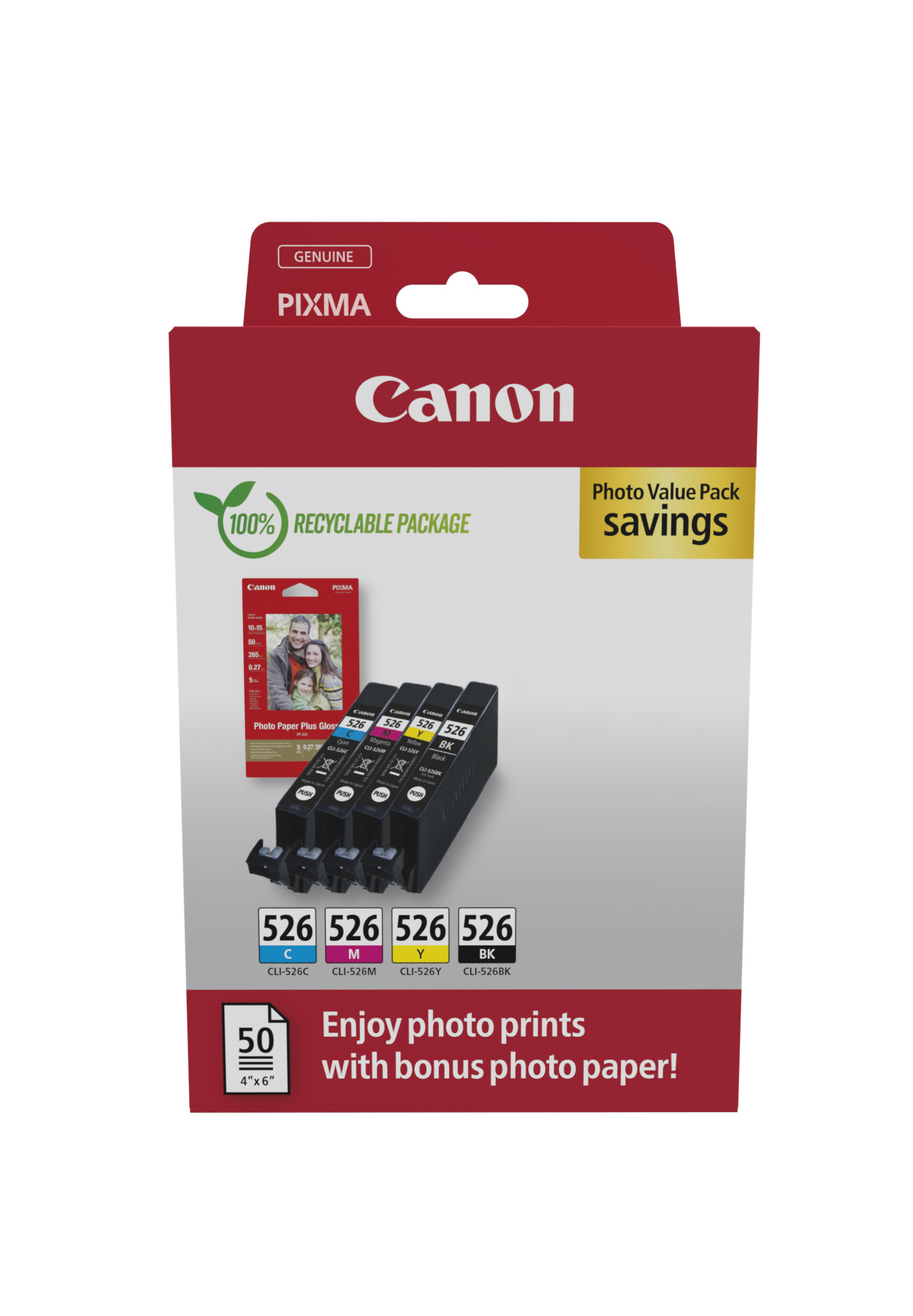 6f391c9076b34ec34c3475a05c497d3c Canon 4540B019/CLI-526 Ink cartridge multi pack Bk,C,M,Y + Photopaper 10x15cm 50 sheet Blister, 4x450 pages ISO/IEC 24711 9ml Pack=4 for Canon Pixma IP 4850/MG 5350/MG 6150/MG 6250/MX 885