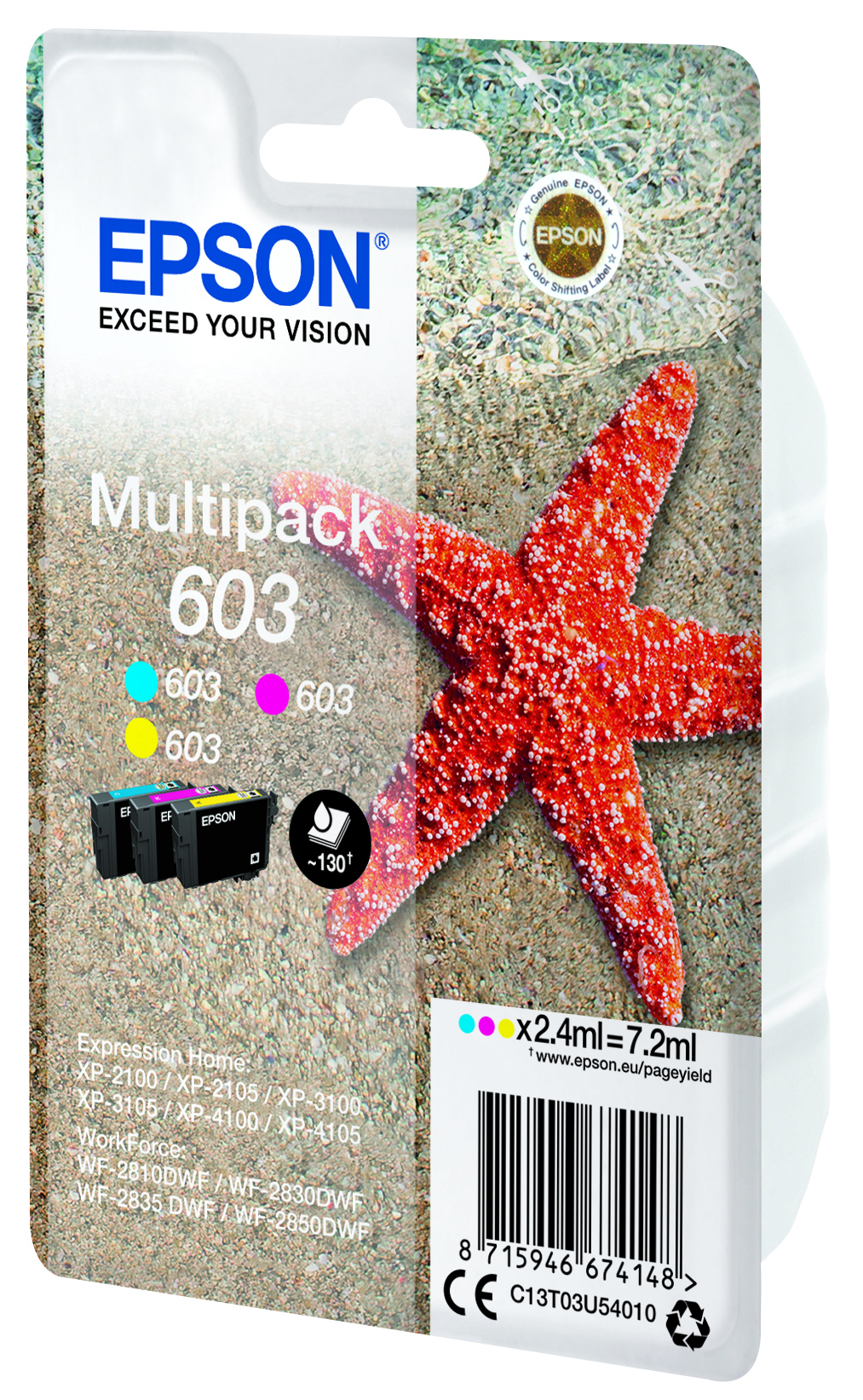 Epson C13T03U54010/603 Ink cartridge multi pack C,M,Y, 3x130 pages ISO/IEC 24711 7.2ml Pack=3 for Epson XP 2100